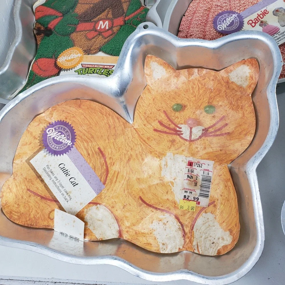 Vintage Wilton Cake Pan Lot 5pc TMNT Barbie Teddy Bear Cat Scarecrow Aluminum